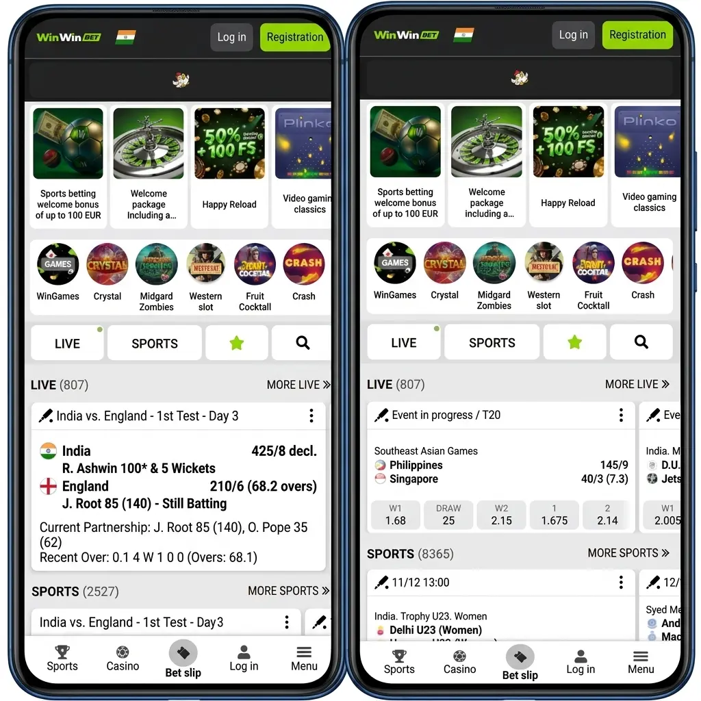 WinWin betting app sports selection including football, cricket, basketball, tennis, eSports and more disciplines
