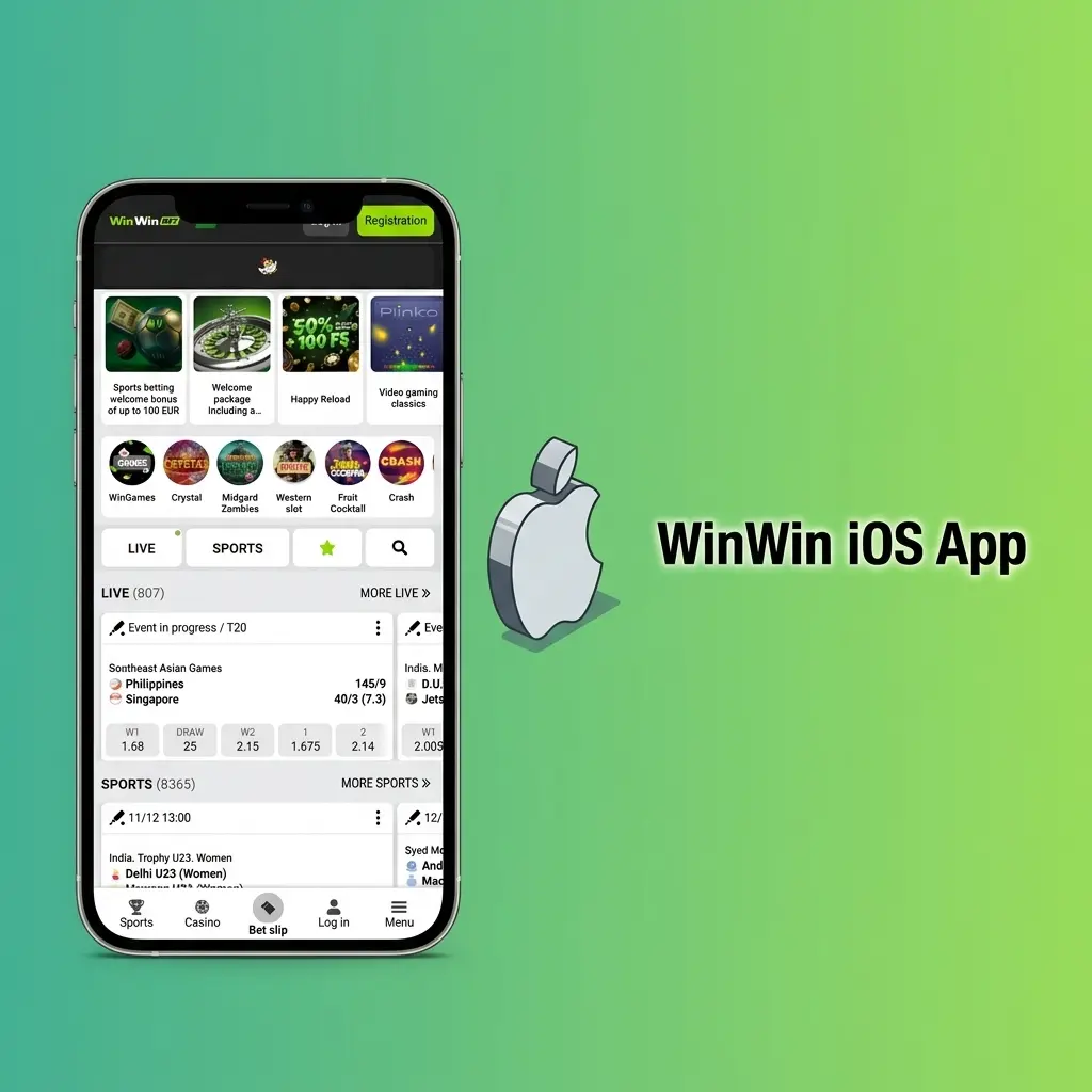WinWin iOS app interface showing sports betting, casino games, and live dealer features for iPhone and iPad users
