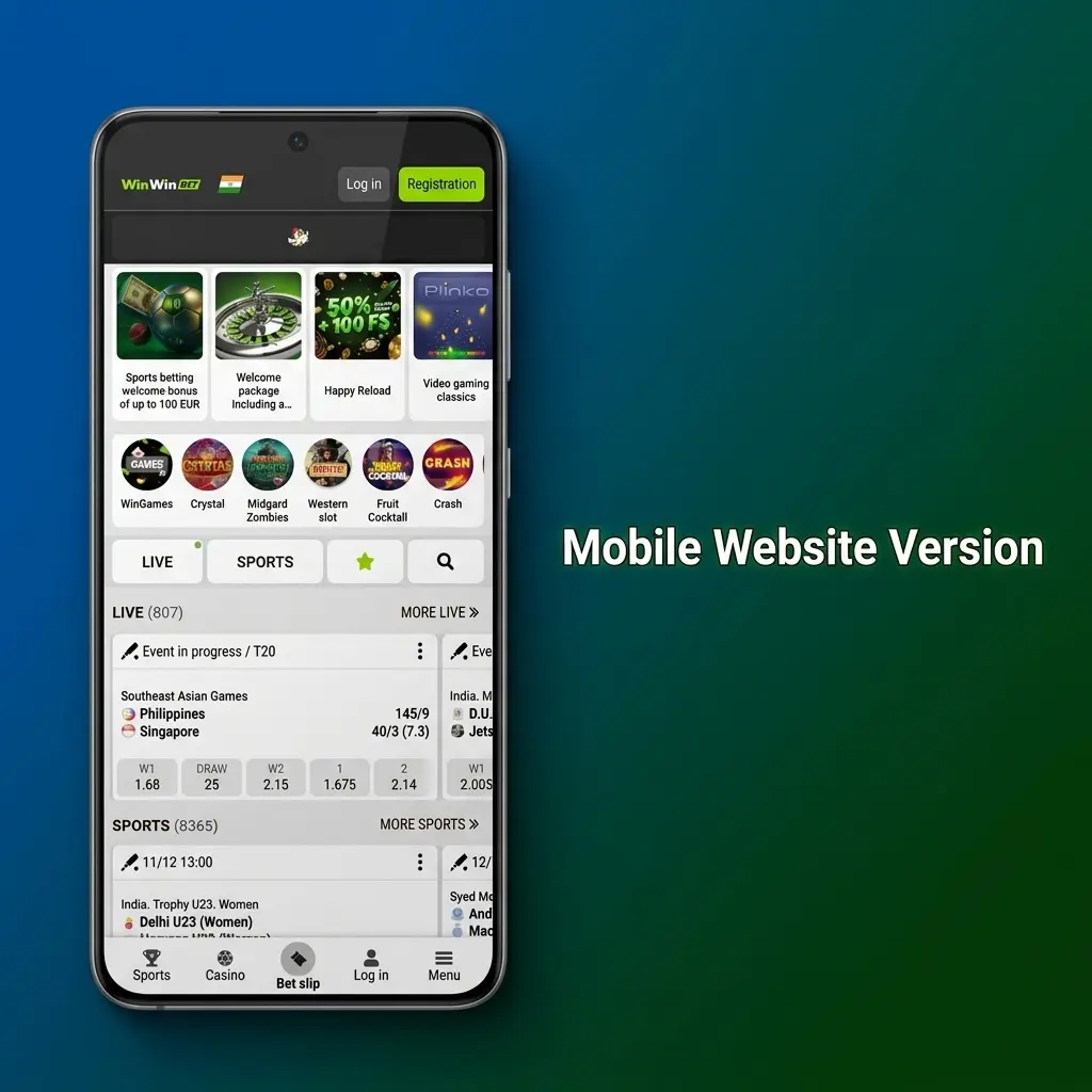 WinWin mobile website on smartphone showing sports betting and casino features with touch-friendly layout for Bangladesh players