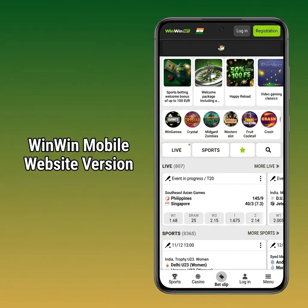 WinWin mobile website optimised for smartphones and tablets with sports betting, casino games, live dealer, and payments