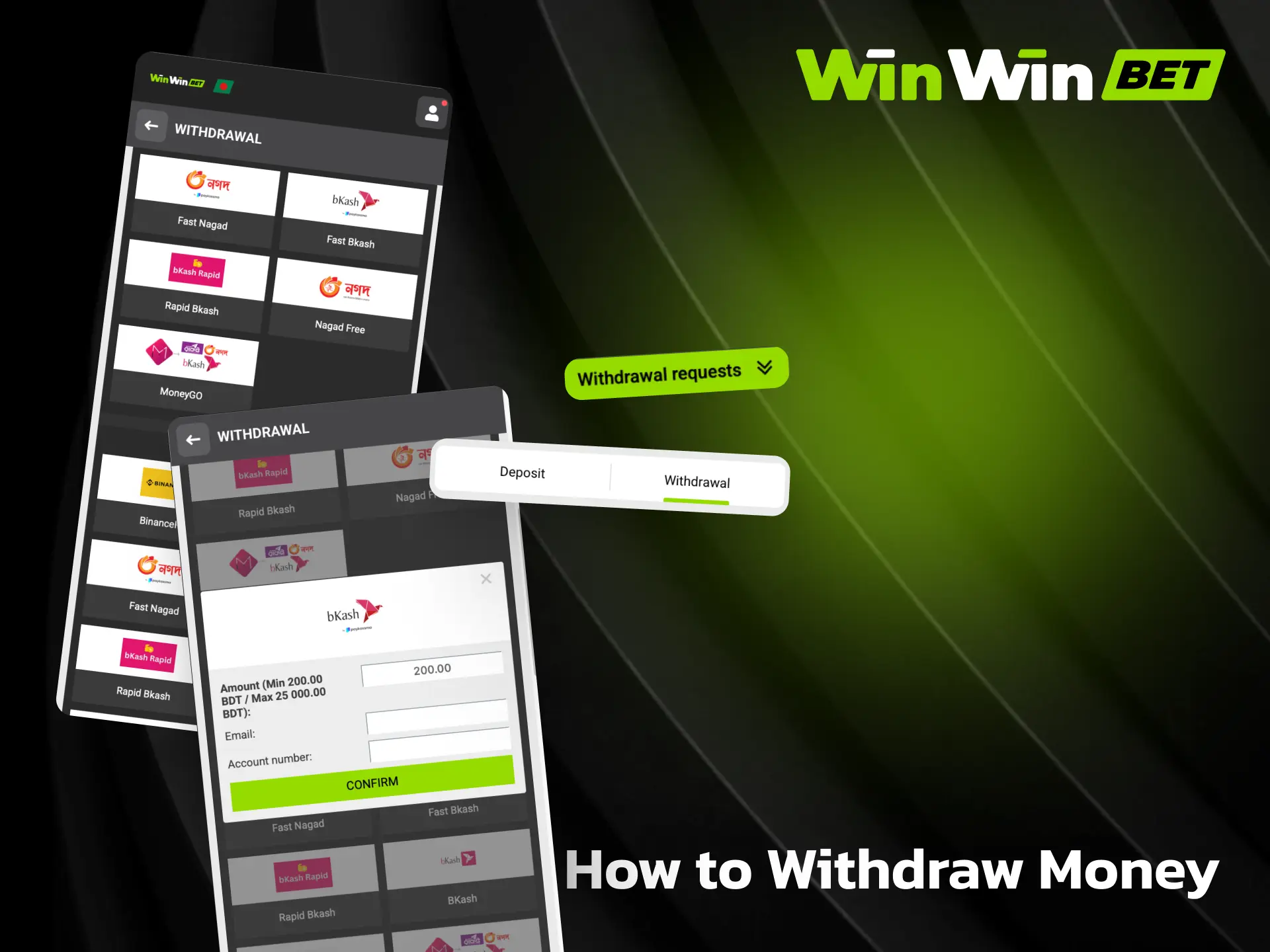 Steps to withdraw money from the WinWin app with processing times and limits.