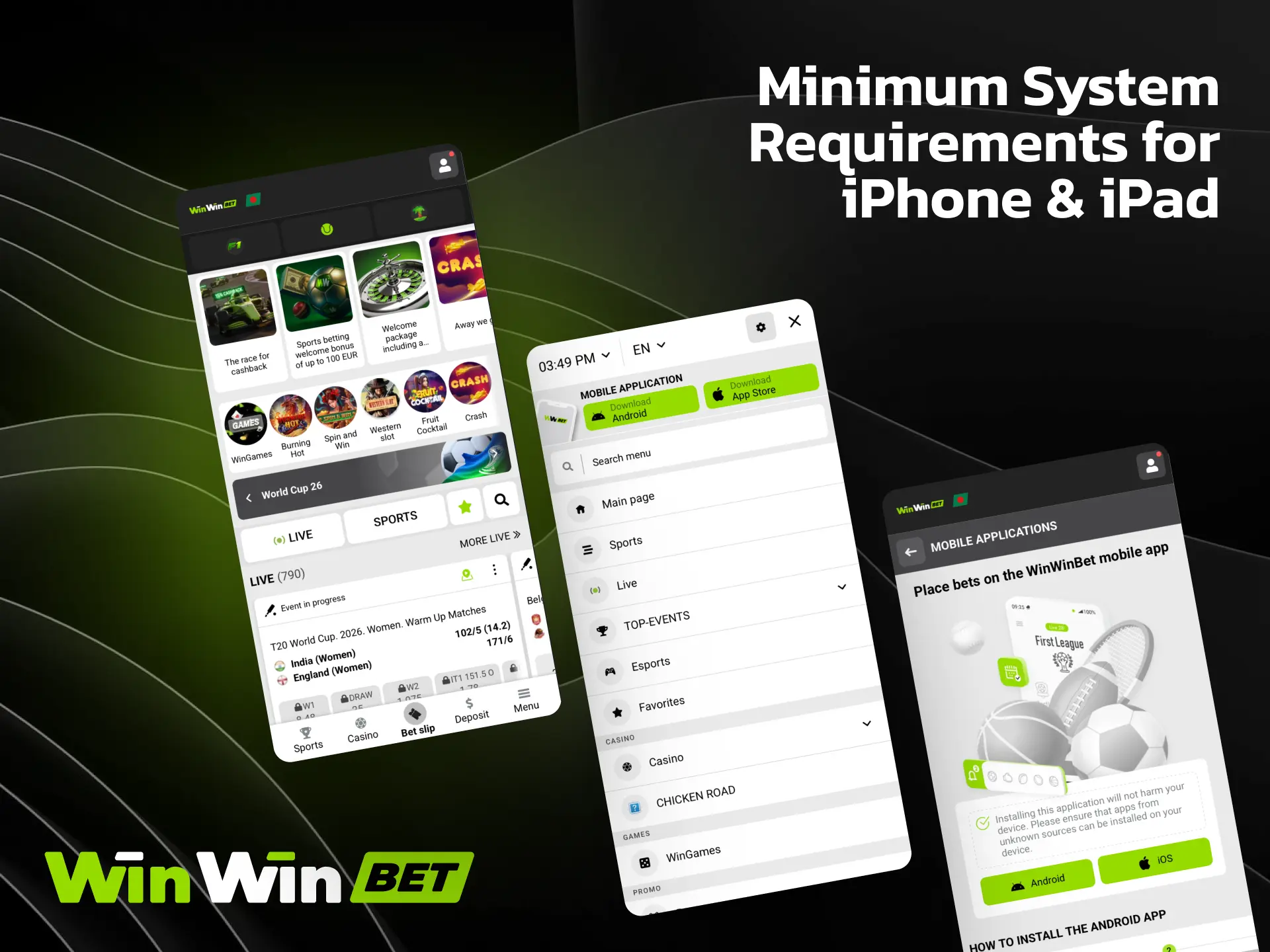 Minimum system requirements for iPhone and iPad to run the WinWin app smoothly.