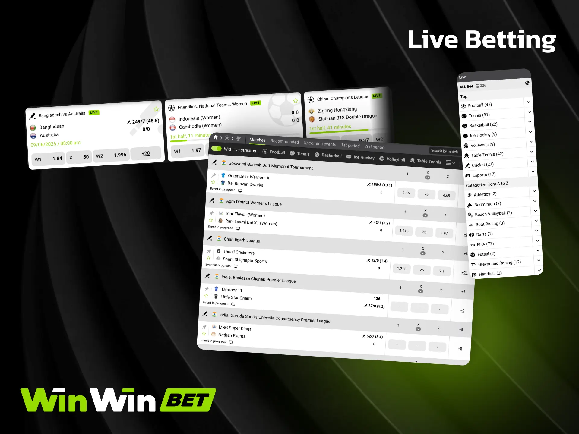 Live betting on WinWin with dynamic odds updated in real time during matches.